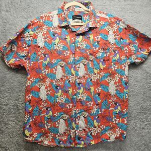 Original Use Mens Red Hawaiian Shirt XL Button Up Colorful Bird Island Vacation